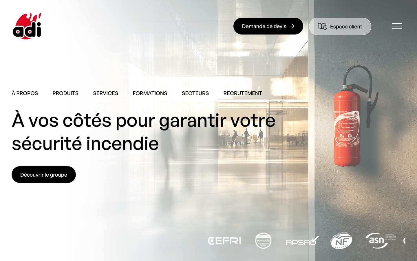 ADI Incendie — Accueil corporate et entrée par métier