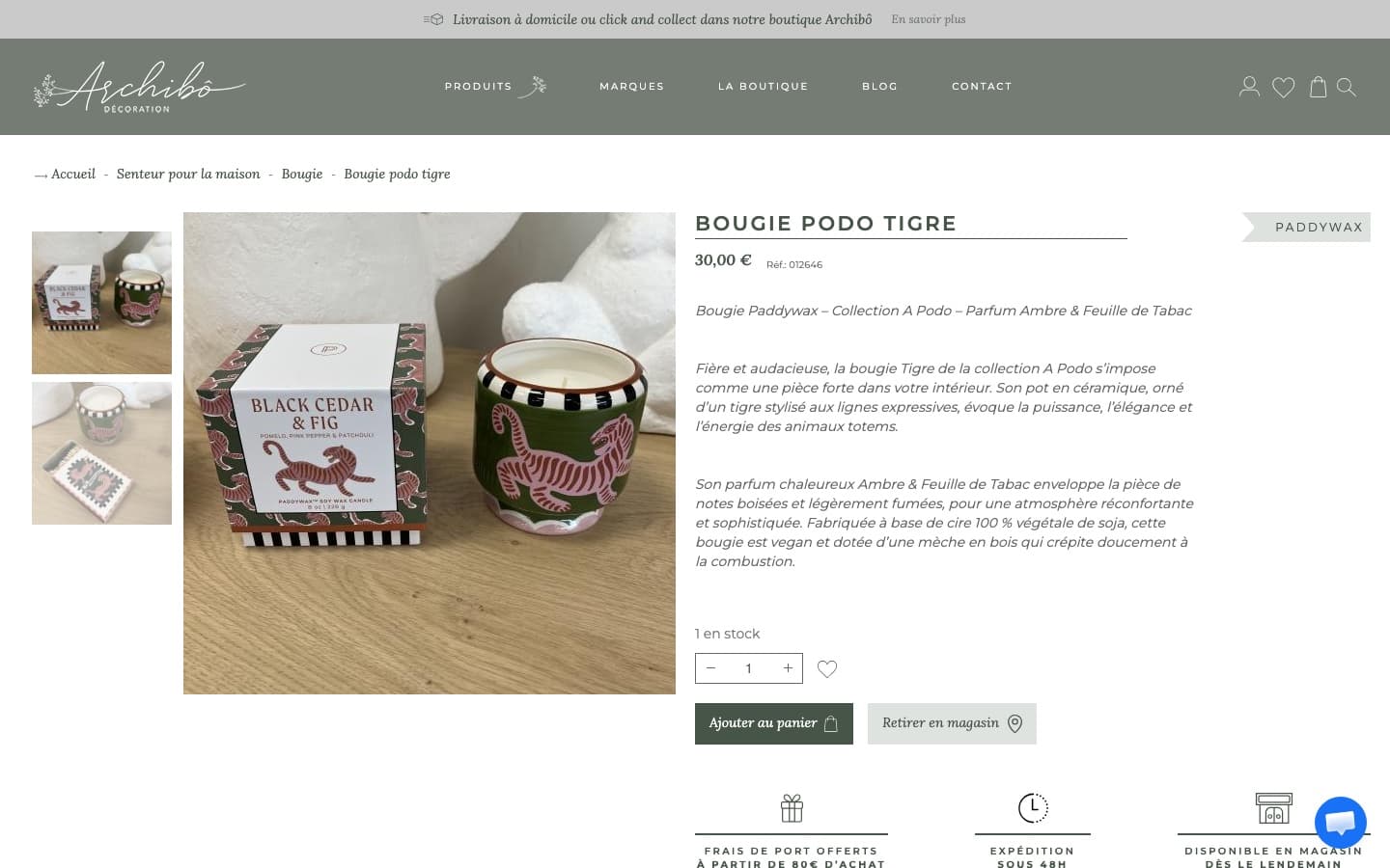 Archibo - Fiche produit Bougie Podo Tigre